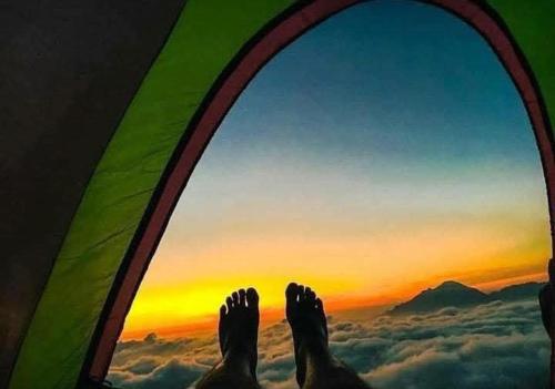 a person looking out a window at the sunset at narangala skycamping 
