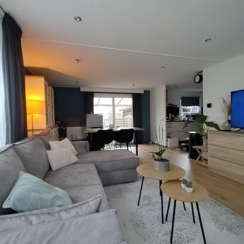 a living room with a couch and a table at Amazing nature house in Anloo