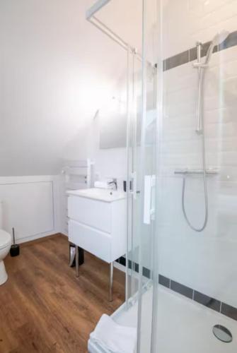 a white bathroom with a shower and a sink at La Maison Renaissance Amboise 4 bedroom house in Amboise