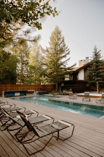 a bird sitting on a chair next to a swimming pool at The Alpenhof in Teton Village