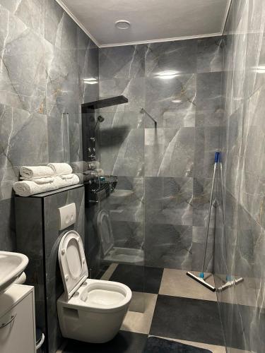 a bathroom with a toilet and a sink and a shower at B&B Santorini Maasbree in Maasbree