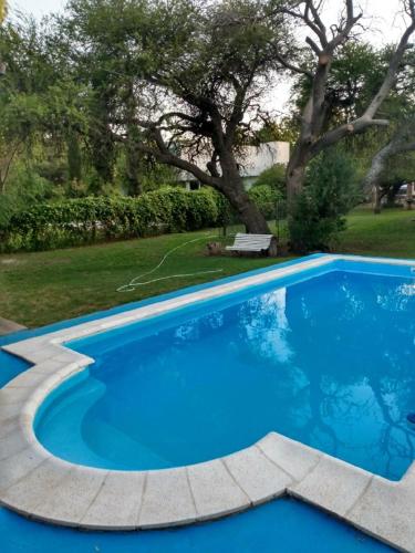 a large blue swimming pool in a yard at Ñandú Quincho in Santa Rosa