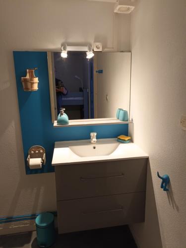 a bathroom with a sink and a mirror at Villa Pinede du Golf PORT LEUCATE in Port Leucate