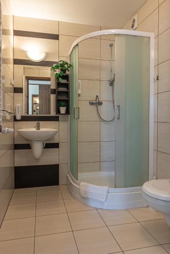 ein Badezimmer mit Dusche, Waschbecken und Toilette in der Unterkunft Hotel Olimpijski in Oświęcim
