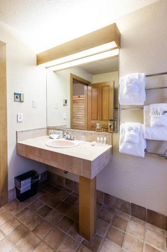 a bathroom with a sink and a large mirror at The Alpenhof in Teton Village