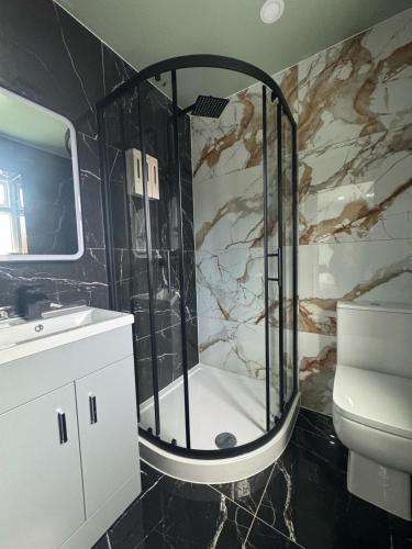 a bathroom with a shower with a sink and a toilet at The Old Court House in Kingswinford
