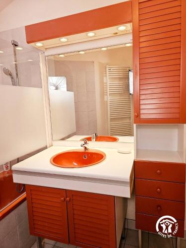 a bathroom with a sink and a large mirror at Le Logis du Berger in Camarès