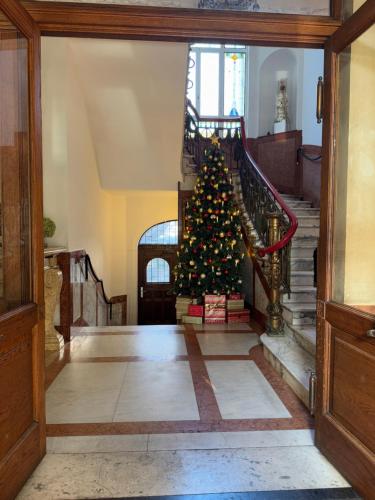 a christmas tree in aoyer with a staircase at Green Residence Boutique Lofts & Villa am Park in Offenbach