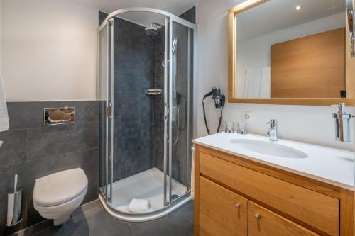 a bathroom with a shower and a toilet and a sink at City Peak 2 Studio - in the heart of Zermatt in Zermatt
