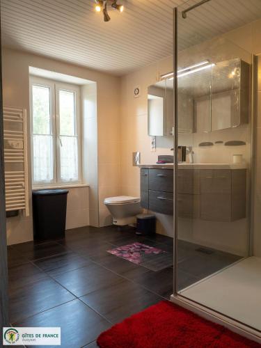 a bathroom with a toilet and a glass shower at Gite du Landas in Quins