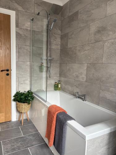a bathroom with a bath tub with a plant at Tŷ Twt in Pontardawe