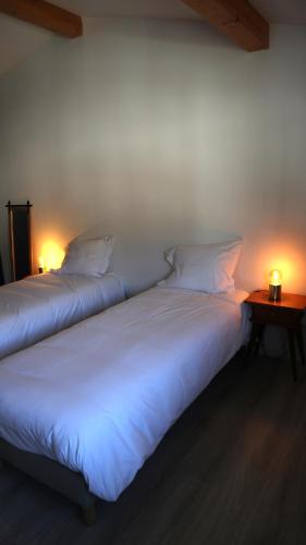 two white beds in a room with lights on them at Gîte Clusel-Roch 6 personnes au cœur des Côte-Rôtie in Ampuis