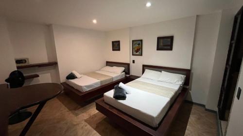 Un dormitorio con dos camas y un escritorio y una mesa. en Hotel Plaza Mayor 44, en Medellín