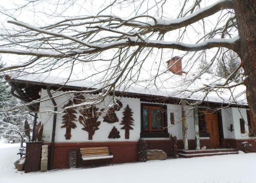 DziwiszówDom na Leśnym Zaciszu 2的雪覆盖的房子,前面有长凳