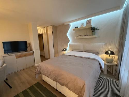 a bedroom with a bed and a flat screen tv at Appartement moderne et chic Ski & Spa Bansko in Bansko