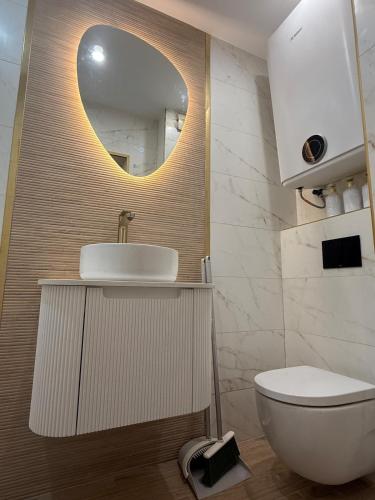 a bathroom with a sink and a toilet and a mirror at Appartement moderne et chic Ski & Spa Bansko in Bansko