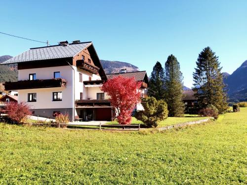 a white house with a red tree in a field at Apartments Fasl in Gosau