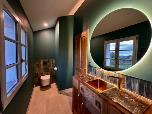 a bathroom with a large mirror and a sink at Ferme Ihartzetako in Ascain