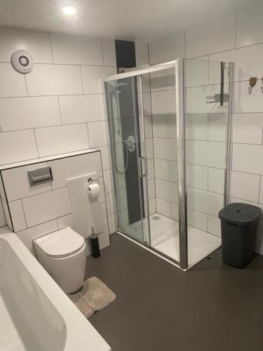 a bathroom with a shower and a toilet and a sink at The Owlery in Fort William