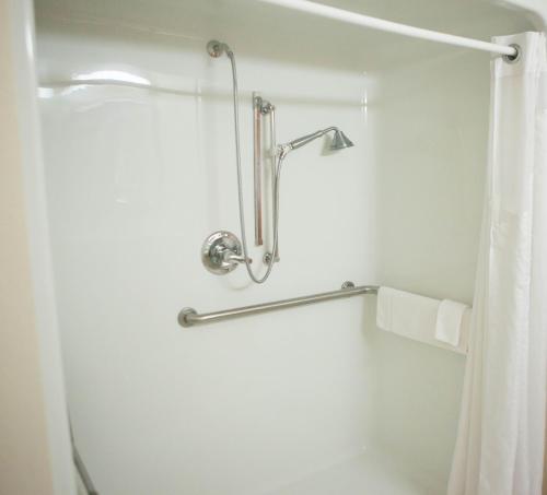 a bathroom with a shower with a shower curtain at Holiday Inn Express Hotel Howe / Sturgis by IHG in Howe