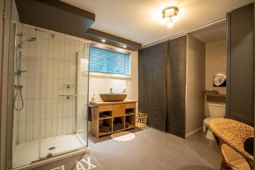 a bathroom with a shower and a sink and a toilet at Spa Et Billard Le Picasso Tout En Couleurs in Sainte Béatrix