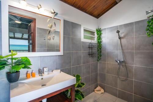 a bathroom with a sink and a shower at Appartement Alizé Vue Imprenable Sur La mer in Sainte-Luce