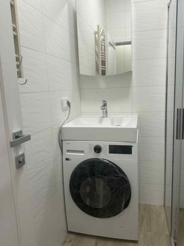 a bathroom with a washing machine and a sink at Saldūs apartamentai in Klaipėda