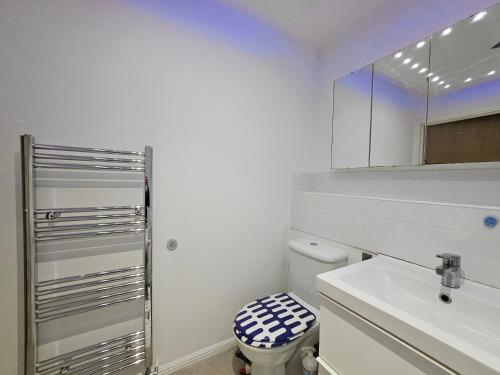een badkamer met een toilet, een wastafel en een spiegel bij 1Bedroom Apartment in Central Northampton in Kingsthorpe