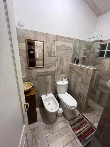 a bathroom with a toilet and a shower and a sink at Casa en la Montaña, Casa Chucao in El Bolsón