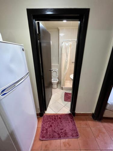 a bathroom with a white refrigerator and a toilet at APARTMENT PORTO El SOKHNA EGYPT-FAMILY in Ain Sokhna