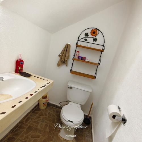 a bathroom with a white toilet and a sink at Casa en Ixtapa in Ixtapa