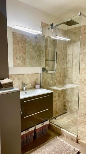 a bathroom with a sink and a glass shower at Charmant appartement plein centre in Saint-Tropez