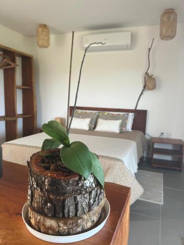 a cake sitting on a table in a bedroom at Latitude Bargada in Japaratinga