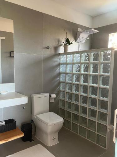 a bathroom with a toilet and a sink at Latitude Bargada in Japaratinga