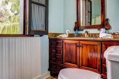 a bathroom with a sink and a mirror at Monkey Room at Mahogany Hall -Gold Standard Certified in Bullet Tree Falls