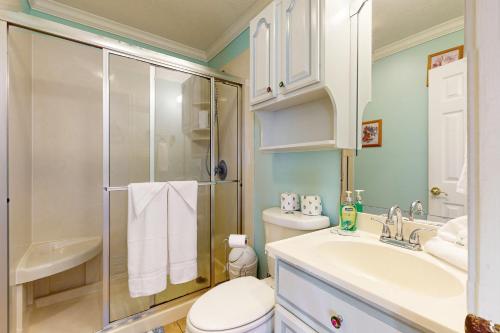 a bathroom with a shower and a toilet and a sink at Ocean View 5BR l Steps to Beach l Pet-Friendly in Bolivar Peninsula