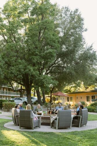 a group of people sitting around a table in a park at El Bonita Motel in St. Helena