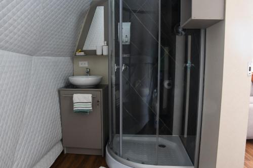 ein Badezimmer mit Dusche und Waschbecken in der Unterkunft Domo con jacuzzi in Latacunga