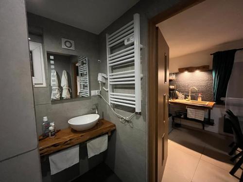 a bathroom with a white sink and a mirror at Wąkop 6 Agroturystyka Eco in Nowa Słupia