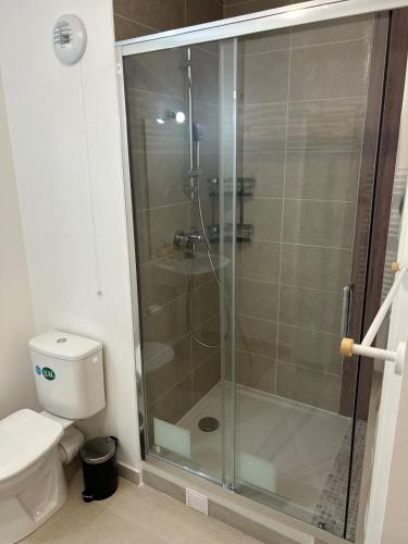 ein Badezimmer mit Glasdusche und Toilette in der Unterkunft Chic 2 chambres appartement proche de Paris in Vitry-sur-Seine