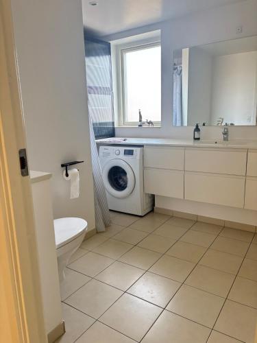 a bathroom with a toilet sink and a washing machine at Cozy Townhouse near Copenhagen in Rødovre
