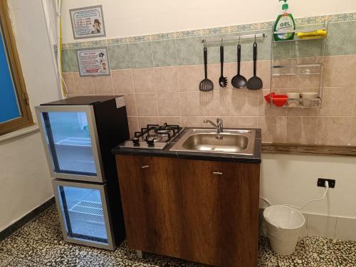ナポリにあるHostel B&B ALMAのシンクと冷蔵庫のある小さなキッチン