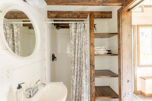 a bathroom with a sink and a mirror at Tiny house on Flower Farm in downtown Atlanta in Atlanta