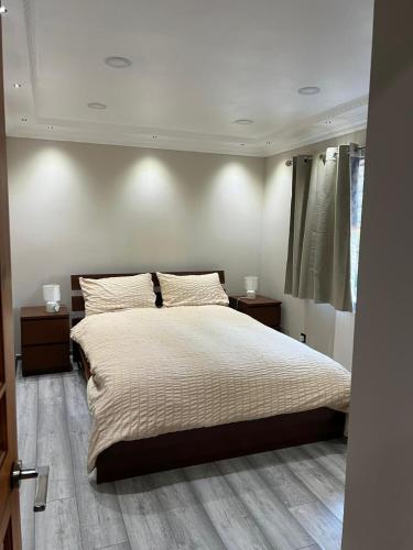 a bedroom with a large bed with two night stands at Charming Aldershot Home - Free Parking in Ash