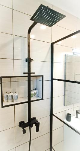 a shower with a glass door with a light on it at HomeLand Place AL in Horta
