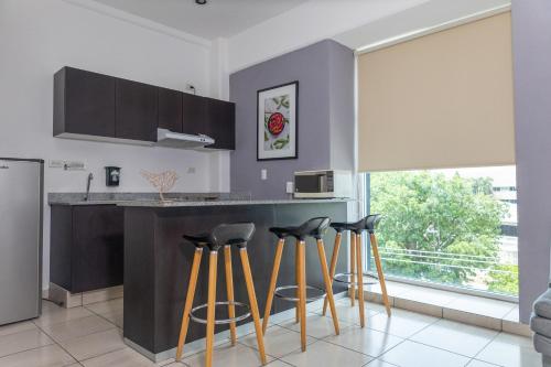 a kitchen with a counter and bar stools in it at Hotel Kinyaah in Mérida