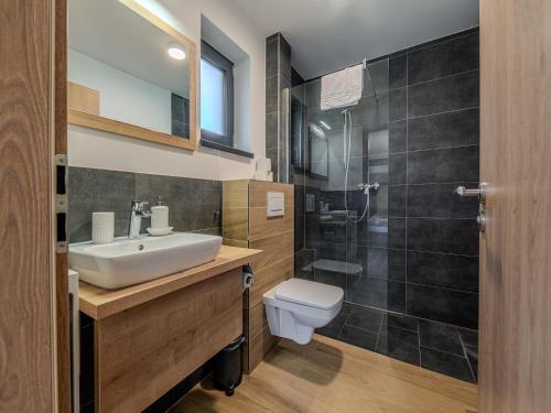 a bathroom with a sink and a toilet and a shower at Cosy apartment near Jochberg Centre in Jochberg