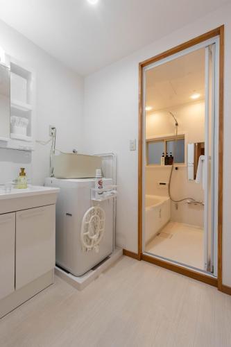 a bathroom with a washing machine and a mirror at Lido North Shinagawa in Tokyo