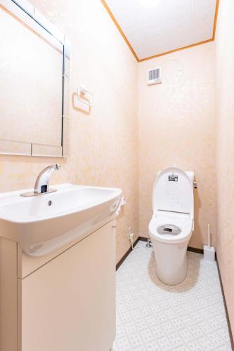 a bathroom with a sink and a toilet at 観光名勝千畳敷徒歩2分 shirahamaペンション千畳嵐 in Ō-shima