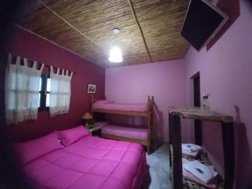 a purple room with two beds and a tv at Los Airampos in Humahuaca